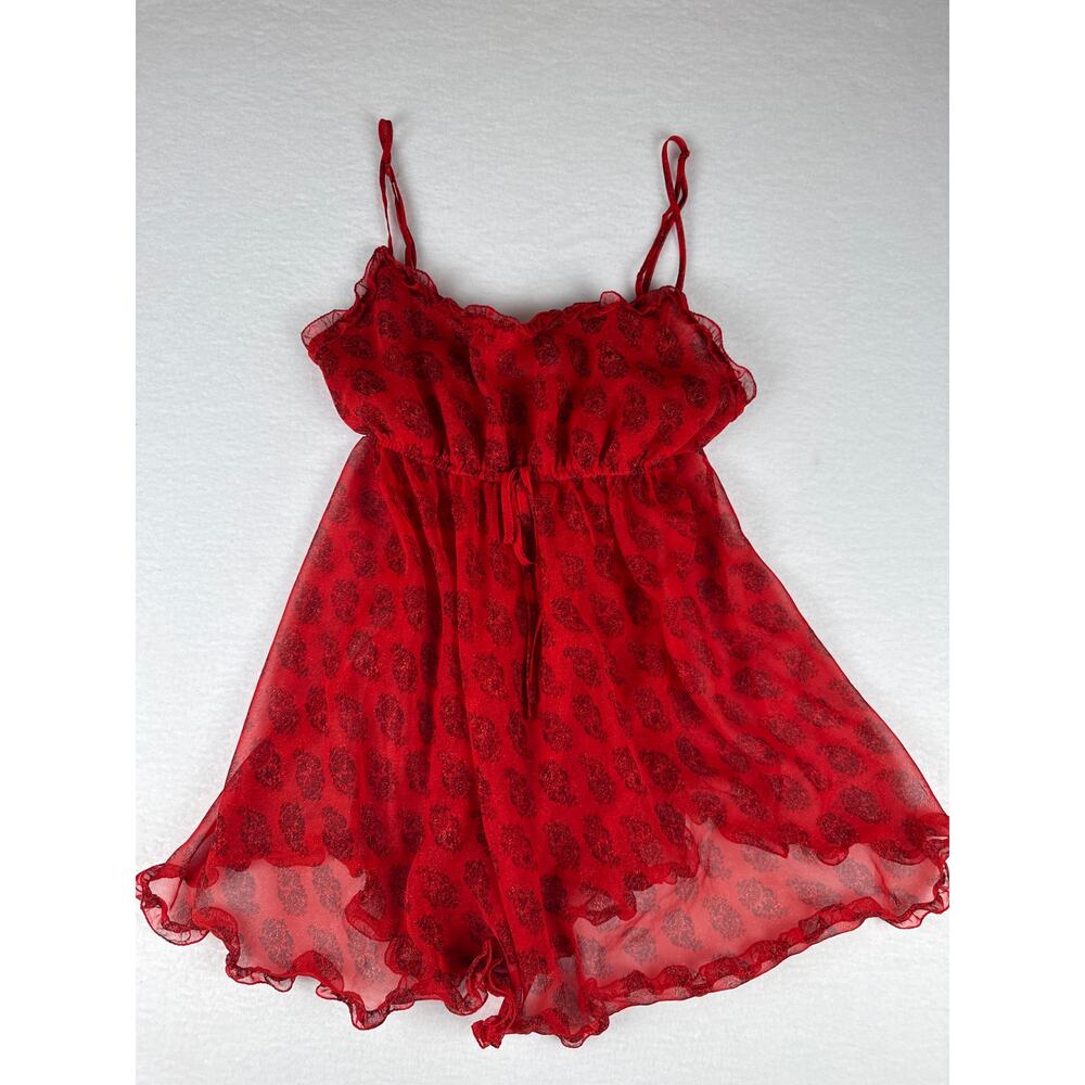 90s Vintage Victoria secret babydoll sheer chiffon ruffle red gold specks size M